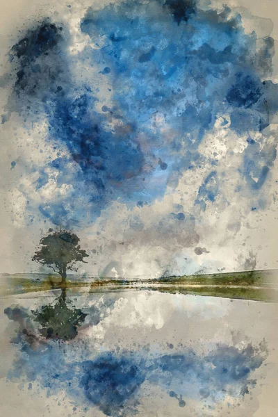 Watercolour Painting Moody Stormy Sky Reflected Dew Pond Countryside Landscape — Stock Photo, Image