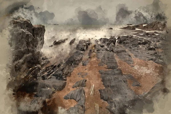 岩だらけの海岸線の頑丈な風景の水彩画 — ストック写真