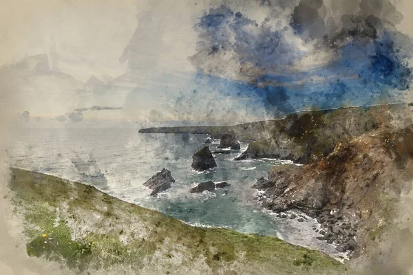 Watercolour Painting Sea Landscape Bedruthan Steps Cornwall Coastline England — Stock Photo, Image