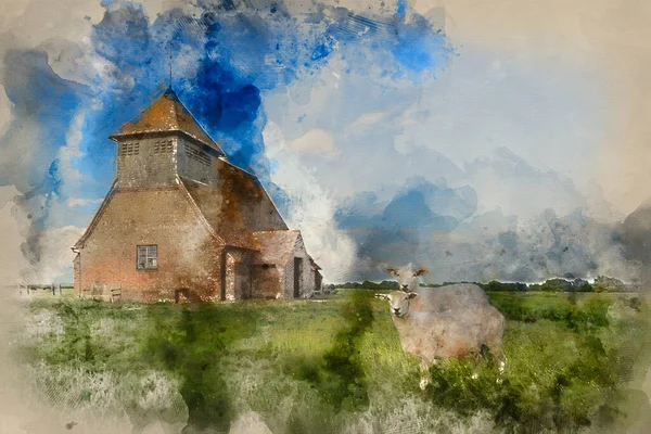 Pintura Aquarela Thomas Becket Paisagem Igreja Verão Fairfield Romney Marshes — Fotografia de Stock