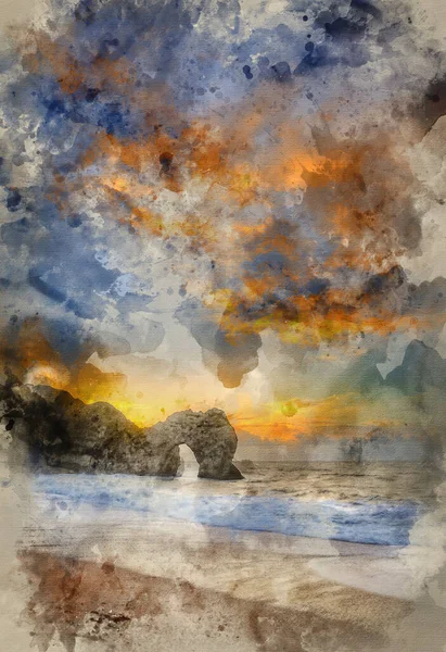 Watercolour Painting Winter Sunrise Durdle Door Jurassic Coast England — Stock Photo, Image