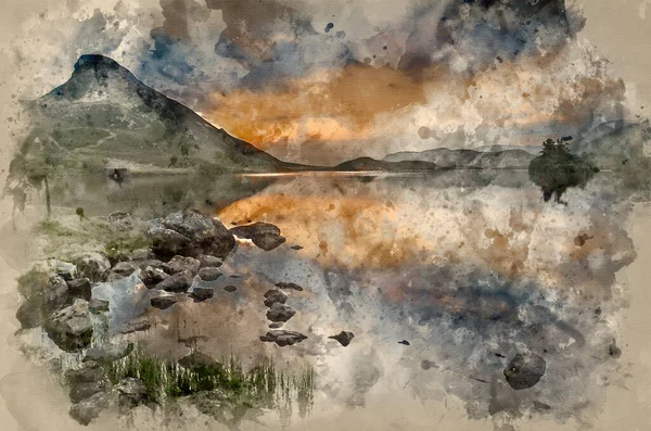 美しい日の出の水彩画は スノードニア国立公園の穏やかなクレゲネン湖に反映 — ストック写真