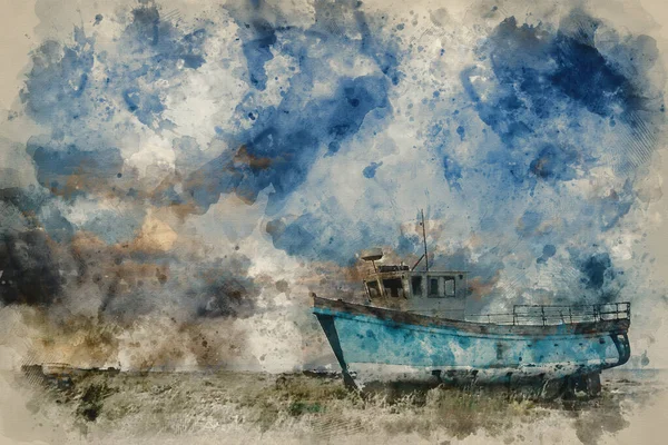 Watercolour painting of Abandoned fishing boat on shingle beach landscape at sunset