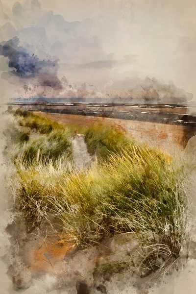 Aquarelle Soir Paysage Été Sur Les Dunes Sable Herbeux Sur — Photo