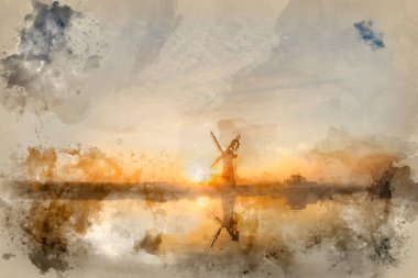 Watercolour painting of Stunning landscape of windmill and river at sunrise on Summer morning clipart