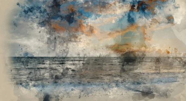 Pictura Acuarelă Frumosului Apus Soare Iarnă Deasupra Valurilor Lungi Expunere — Fotografie, imagine de stoc