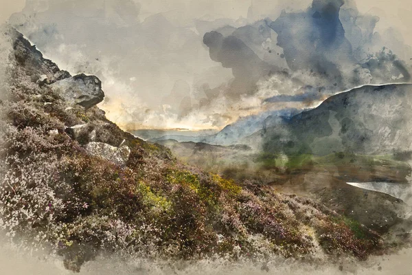 Pintura Acuarela Del Impresionante Amanecer Verano Sobre Cordillera Con Lago —  Fotos de Stock