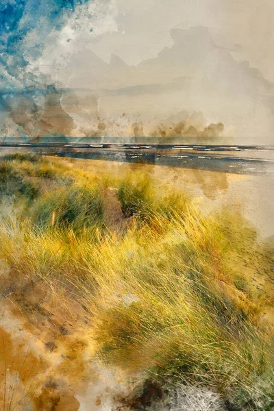Pittura Acquerello Sera Paesaggio Estivo Dune Sabbia Erbose Sulla Spiaggia — Foto Stock