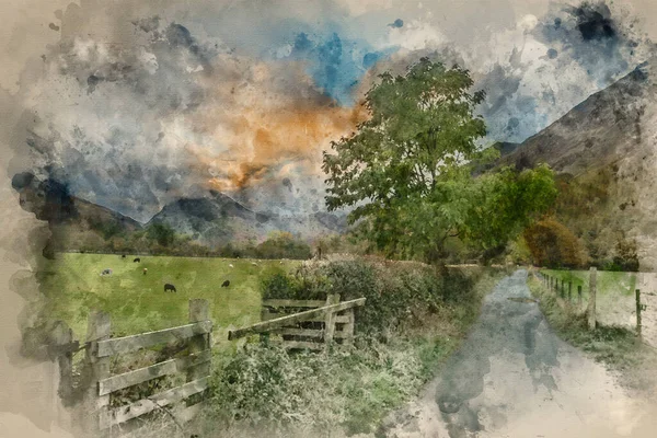 Watercolor Painting Stunning Autumn Fall Landscape Image Lake Buttermere Lake — Stock Photo, Image