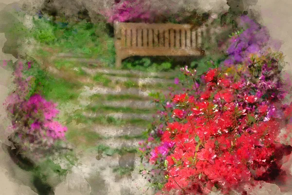Akvarel Malba Krásné Krajiny Obraz Pěšiny Okraj Azalea Květiny Jaře — Stock fotografie