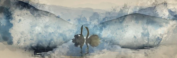 Pintura Acuarela Hermosa Imagen Romántica Cisnes Lago Brumoso Con Montañas —  Fotos de Stock