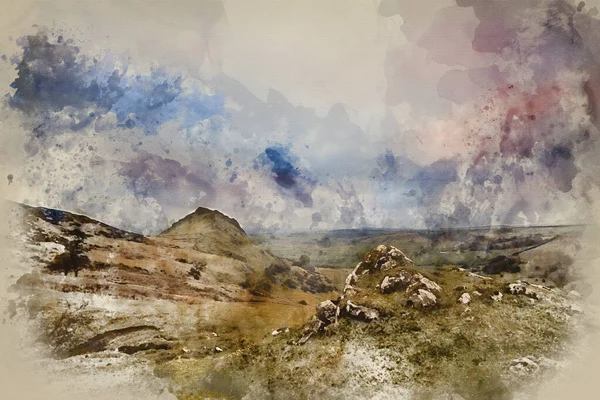Aquarellmalerei Der Atemberaubenden Landschaft Von Chrome Hill Und Parkhouse Hill — Stockfoto