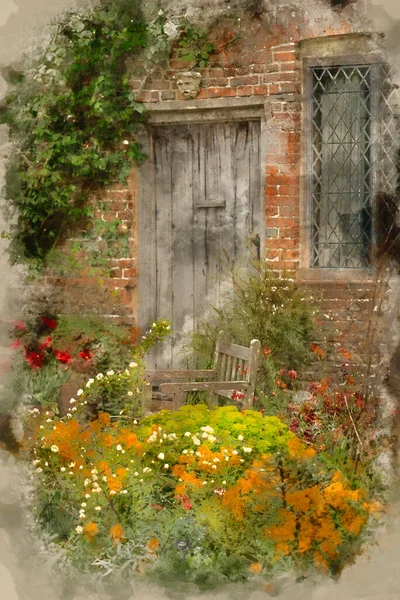Watercolour Painting Quintessential English Country Garden Landscape — Stock Photo, Image