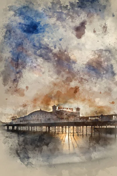 Aquarel Schilderij Van Winter Zonsondergang Boven Brighton Victoriaanse Pier — Stockfoto
