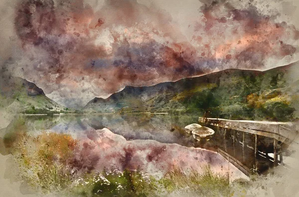 Aquarelverf Schilderij Van Het Gezicht Snowdon Van Llyn Nantlle Met — Stockfoto