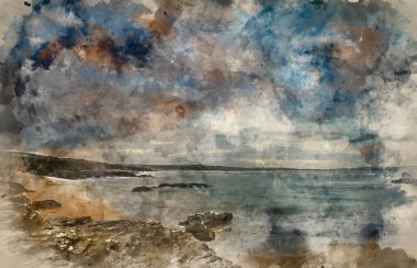 İngiltere 'nin Corwnall şehrindeki Godrevy' nin göz kamaştırıcı gündoğumu manzarasının suluboya resmi