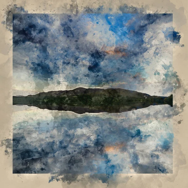 Pintura Acuarela Del Impresionante Amanecer Dramático Sobre Lago Tranquilo — Foto de Stock