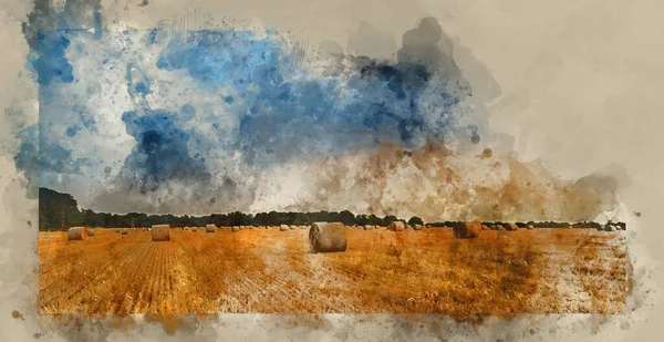 美丽夏日落日的水彩画 覆盖在乡村风景的干草堆上 — 图库照片