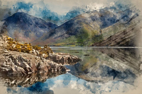 Malarstwo Akwarelowe Oszałamiający Krajobraz Wast Water Lake District Szczyty Letni — Zdjęcie stockowe
