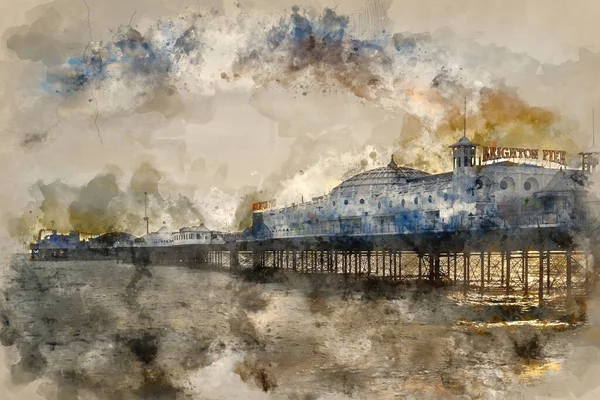 Aquarel Schilderij Van Winter Zonsondergang Boven Brighton Pier Aan Zuidkust — Stockfoto