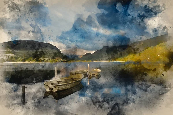 Aquarell Gemälde Von Wunderschönen Stimmungsvoll Stürmischen Himmelsformationen Über Atemberaubender Gebirgsseenlandschaft — Stockfoto