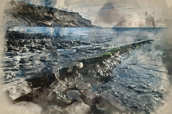 Akvarell Målning Fantastiska Landskap Kustlinje Och Stenig Strand Vid Solnedgången — Stockfoto