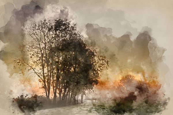 Aquarelle Peinture Brouillard Superbe Automne Lever Soleil Image Paysage Campagne — Photo
