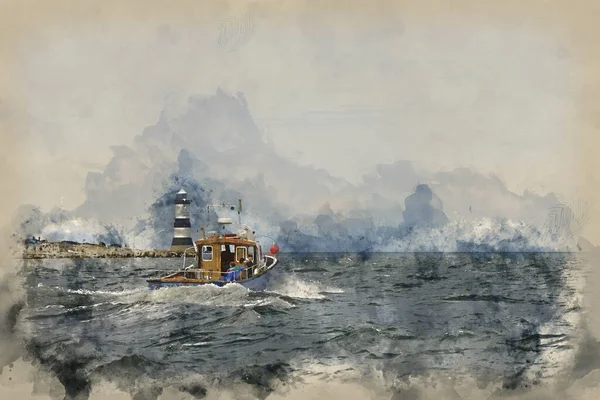 Aquarela Pintura Barco Cruzeiro Prazer Estreito Menai Anglesey Wales — Fotografia de Stock