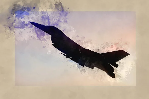 Watercolor Painting Silhouette Military Attack Aircraft Vibrant Sunset Sky — Stock Photo, Image