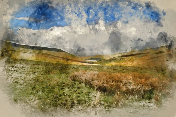 Malarstwo Akwarelowe Piękny Krajobraz Parku Narodowego Brecon Beacons Dramatycznym Niebem — Zdjęcie stockowe