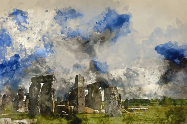 Pintura Acuarela Stonehenge Brillante Día Verano — Foto de Stock