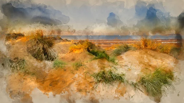 Aquarel Schilderij Van Prachtige Zonsopgang Zandduinen Systeem Geel Zand Gouden — Stockfoto