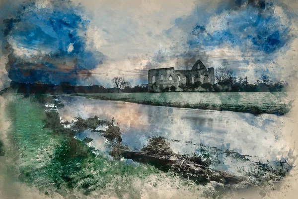 Watercolor Painting Beautiful Dawn Landscape Priory Ruins Countryside Location — Stock Photo, Image