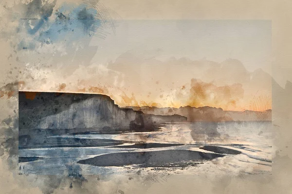 Watercolor Painting Seven Sisters Chalk Cliffs England Winter Sunrise — Stock Photo, Image