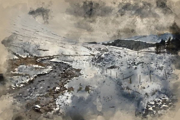 山村冬季风景覆盖雪地的溪流水彩画 — 图库照片