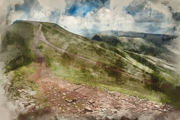 Malarstwo Akwarelowe Piękny Krajobraz Parku Narodowego Brecon Beacons Dramatycznym Niebem — Zdjęcie stockowe