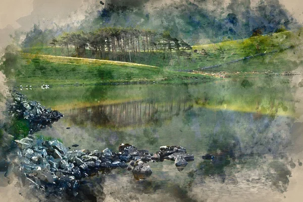 Malarstwo Akwarelowe Krajobraz Wsi Góry Pięknym Porannym Świetle Odbitym Spokojnym — Zdjęcie stockowe