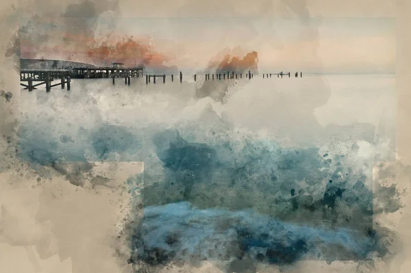 Aquarellmalerei Von Langzeitbelichtung Landschaft Bild Von Bunten Sonnenaufgang Über Dem — Stockfoto