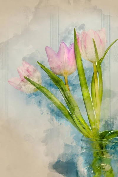 Watercolour painting of Beautiful Spring flower still life with wooden background