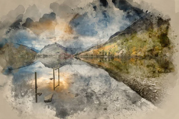 Aquarelverf Schilderij Van Prachtige Herfst Herfst Landschap Beeld Van Lake — Stockfoto