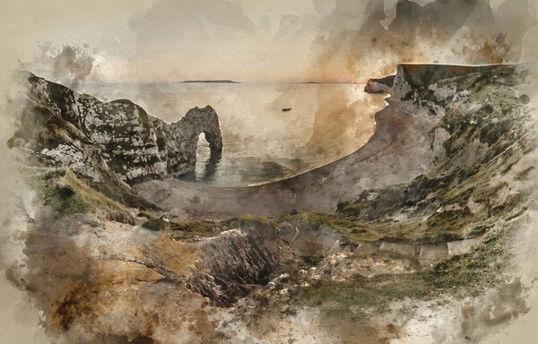 Акварельная живопись потрясающего пейзажа заката Дурдл Дверь 