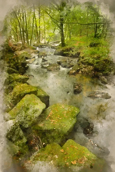 Watercolour Painting Stunning Landscape River Flowing Lush Forest Golitha Falls — Stock Photo, Image