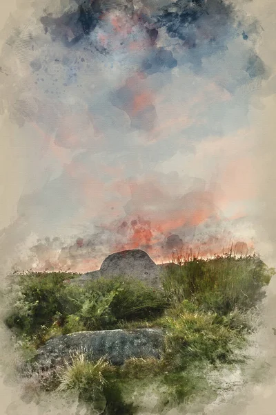 ピーク地方の夏の美しい夜明けの日の出の風景画像の水彩画イングランド — ストック写真