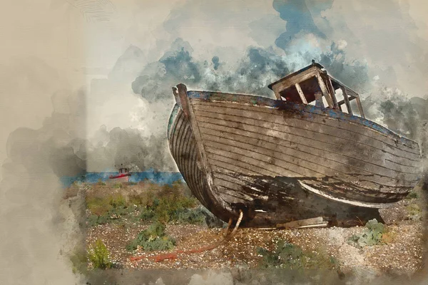 Pittura Acquerello Barca Pesca Abbandonata Sul Paesaggio Della Spiaggia Ghiaia — Foto Stock