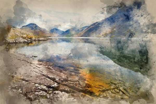 Pintura Acuarela Del Impresionante Paisaje Wast Water Con Montañas Reflejadas — Foto de Stock