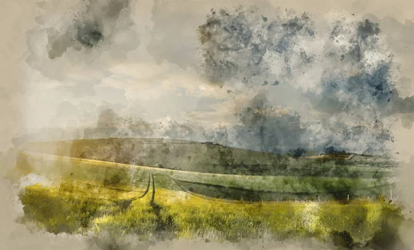 Watercolor Painting Stunning Panorama Landscape South Downs Countryside Summer — Stock Photo, Image