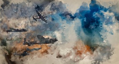 Britanya Savaşı 'nın uçuş düzeninin suluboya resmi. İkinci Dünya Savaşı' nda Lancaster bombacısı, Spitfire ve kasırga uçaklarından oluşuyordu.