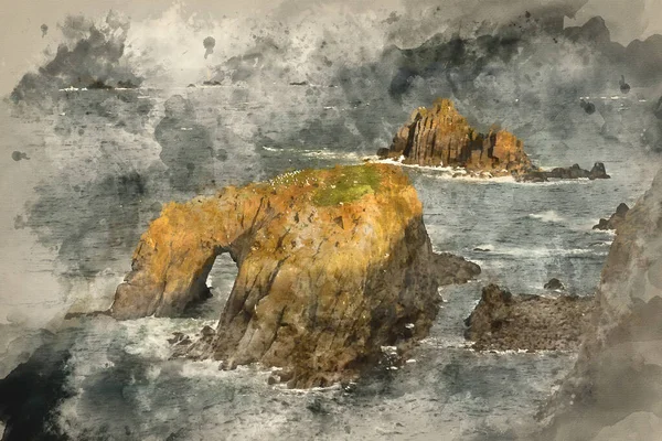 Aquarelverf Schilderij Van Prachtige Zonsopgang Landschap Van Land End Cornwall — Stockfoto