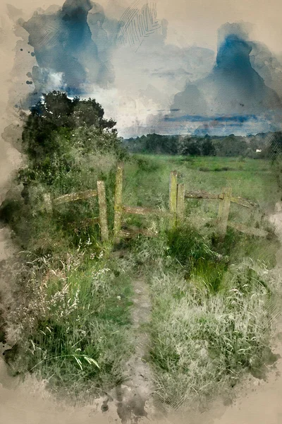富丽堂皇的夏季日出在英国乡村风景上的水彩画 — 图库照片