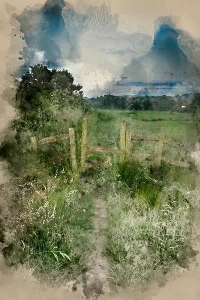 Aquarelverf Schilderij Van Prachtige Levendige Zomer Zonsopgang Boven Engels Landschap — Stockfoto